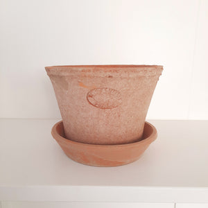 Aged terracotta round short pot with saucer